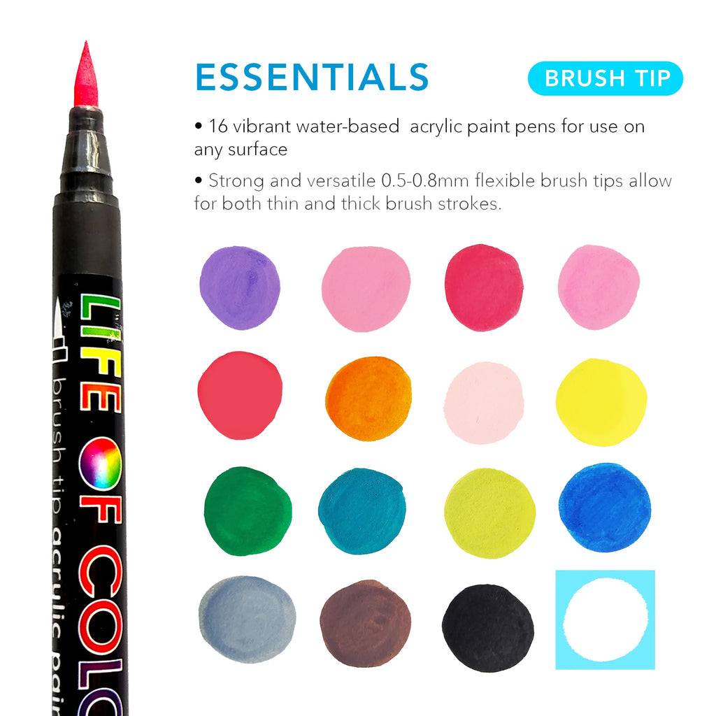 Essential Colours Brush Tip Acrylic Paint Pens - Set of 16 - Life of Colour - Sticks & Stones Education