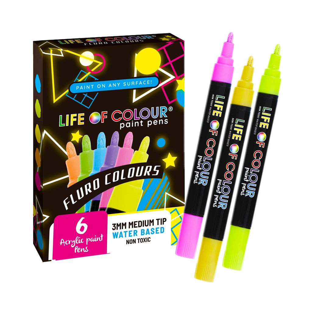 Fluro Colours Brush Tip Acrylic Paint Pens - Set of 6 - Life of Colour - Sticks & Stones Education