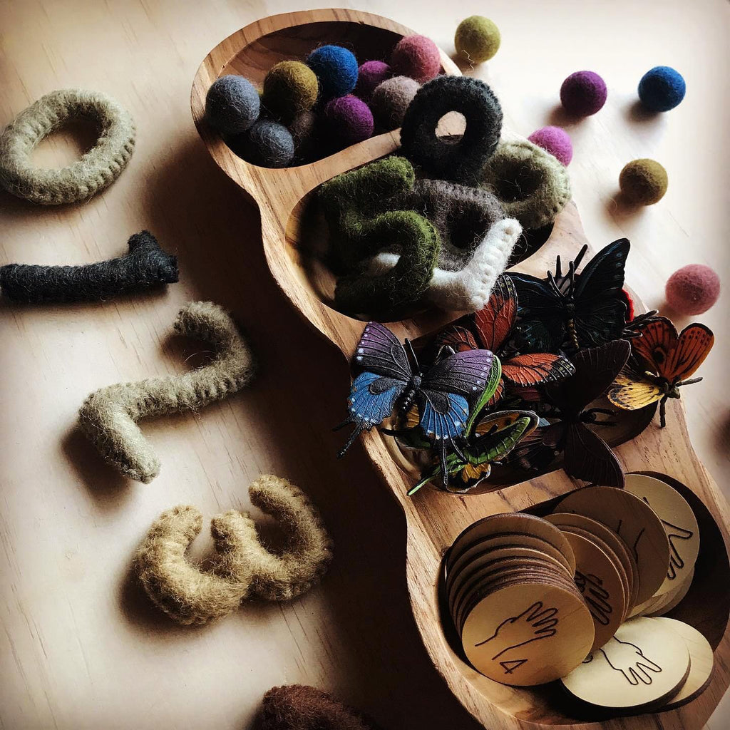 Sticks & Stones Education has beautiful resources that supports childrens numeracy learning. In this photo there are felt balls, auslan counting discs, felt numbers and butterflies all in a beautiful wooden tamarind shaped sorting tray. 
