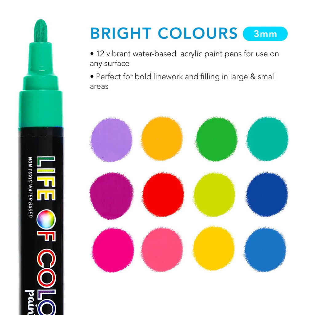 Bright Colours Medium Tip Acrylic Paint Pens - Set of 12 - Life of Colour - Sticks & Stones Education