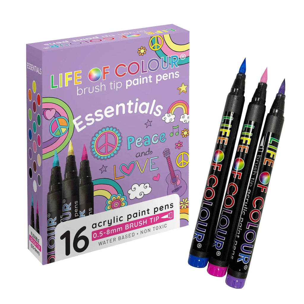 Essential Colours Brush Tip Acrylic Paint Pens - Set of 16 - Life of Colour - Sticks & Stones Education