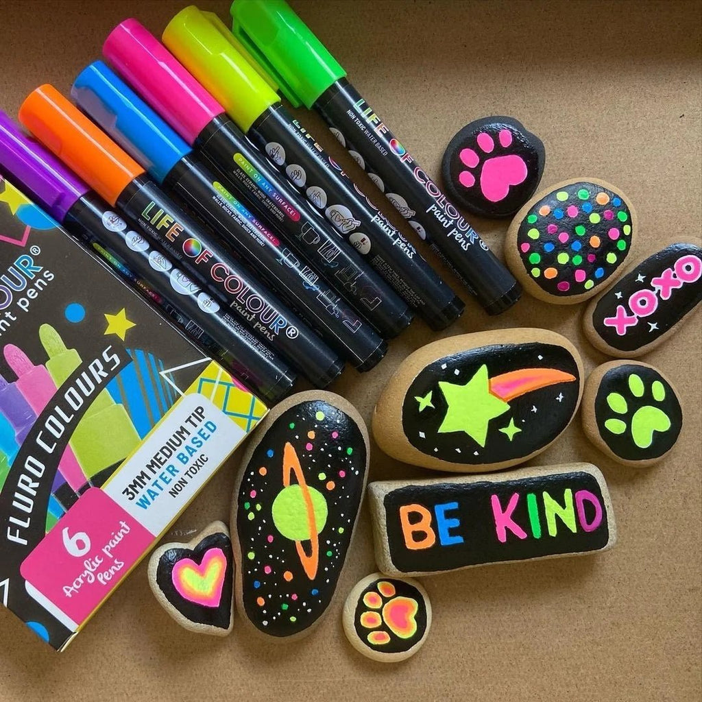 Fluro Colours Brush Tip Acrylic Paint Pens - Set of 6 - Life of Colour - Sticks & Stones Education