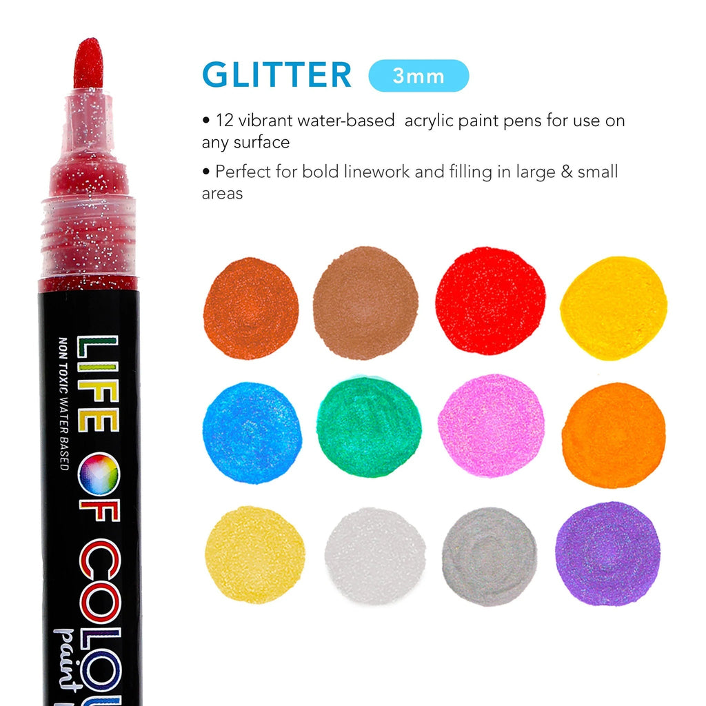 Glitter Colours Medium Tip Acrylic Paint Pens - Set of 12 - Life of Colour - Sticks & Stones Education