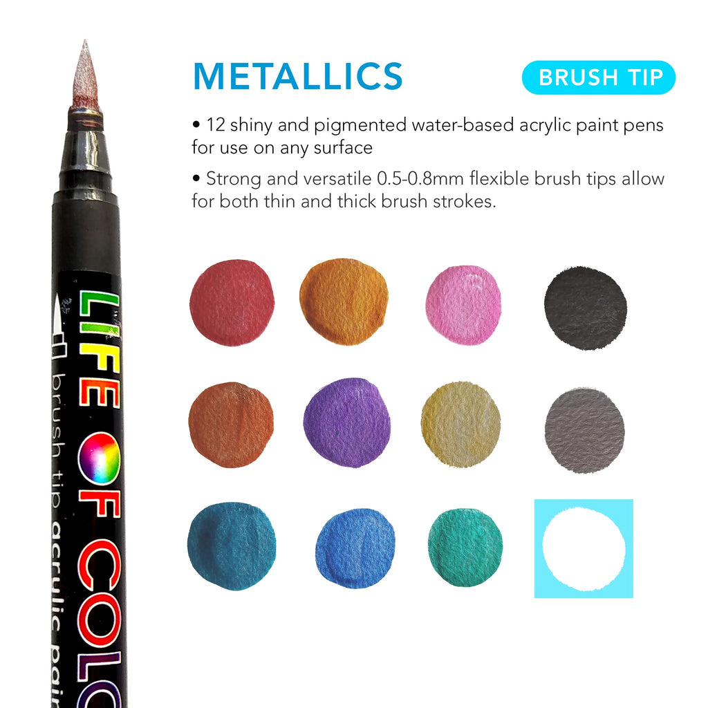 Metallic Brush Tip Acrylic Paint Pens - Set of 12 - Life of Colour - Sticks & Stones Education