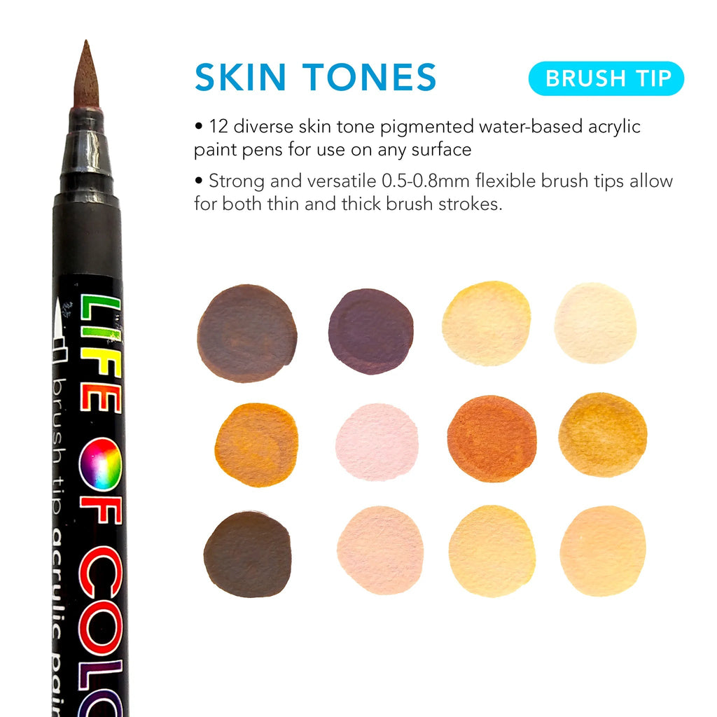 Skin Tone Brush Tip Acrylic Paint Pens - Set of 12 - Life of Colour - Sticks & Stones Education