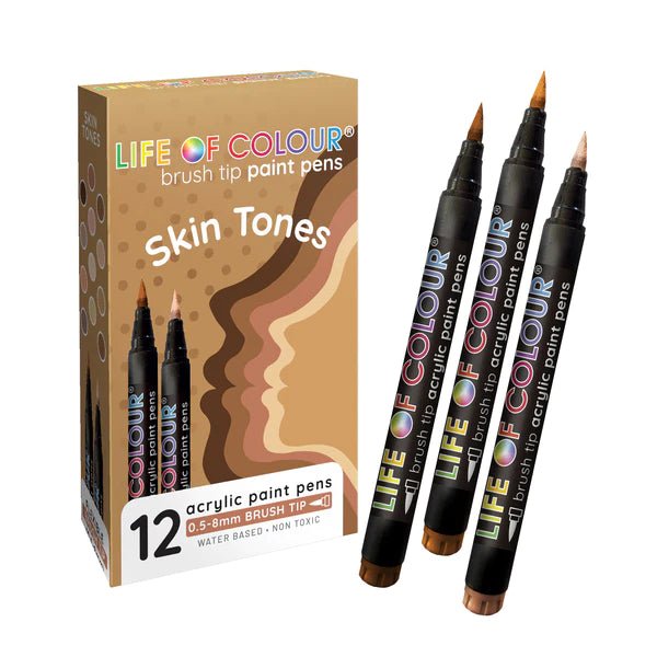 Skin Tone Brush Tip Acrylic Paint Pens - Set of 12 - Life of Colour - Sticks & Stones Education